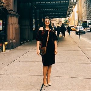 Red Velvet off-the-shoulder dress